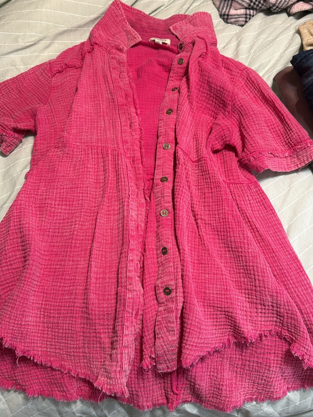 umgee Textured Button-Front Top in Bright Pink